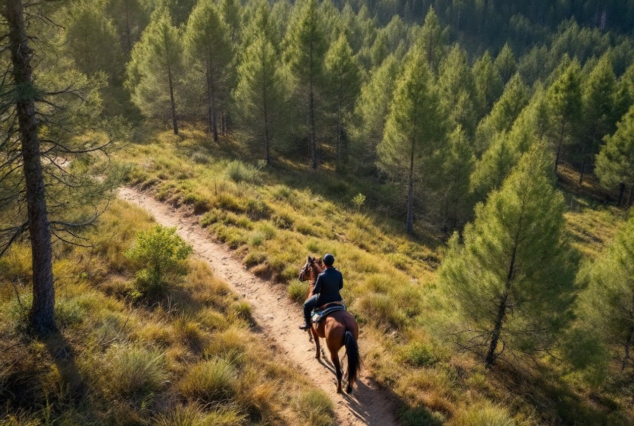 Aerial or landscape shot of the Landes pine forest with a horse and rider on a trail