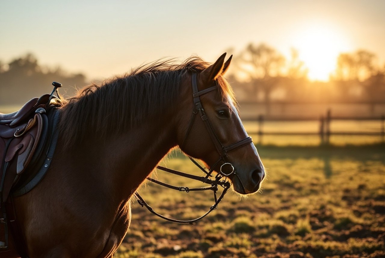 Wide shot of a horse being turned out into a morning-lit paddock, ideally in a recognisably southwestern French landscape