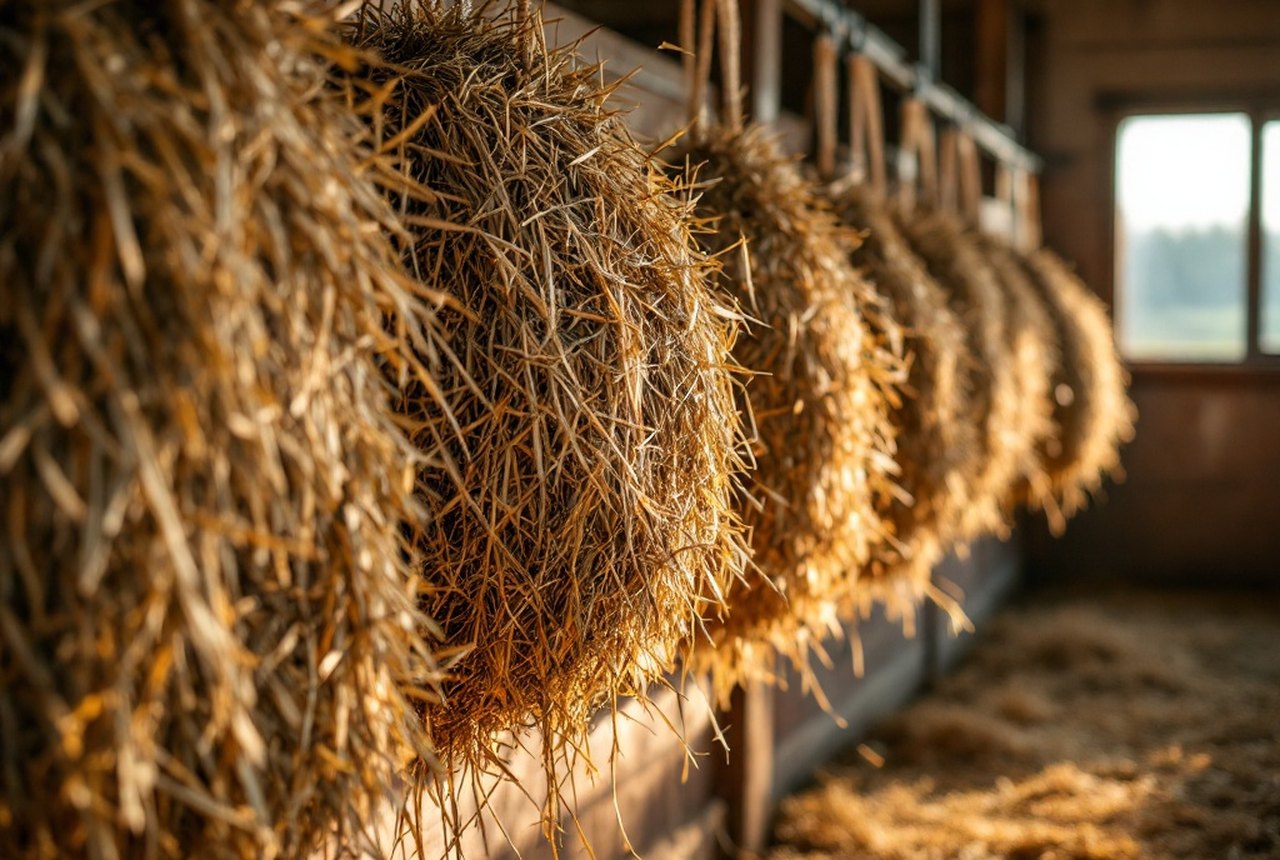Haynet full of meadow hay hanging in a clean stable, warm light