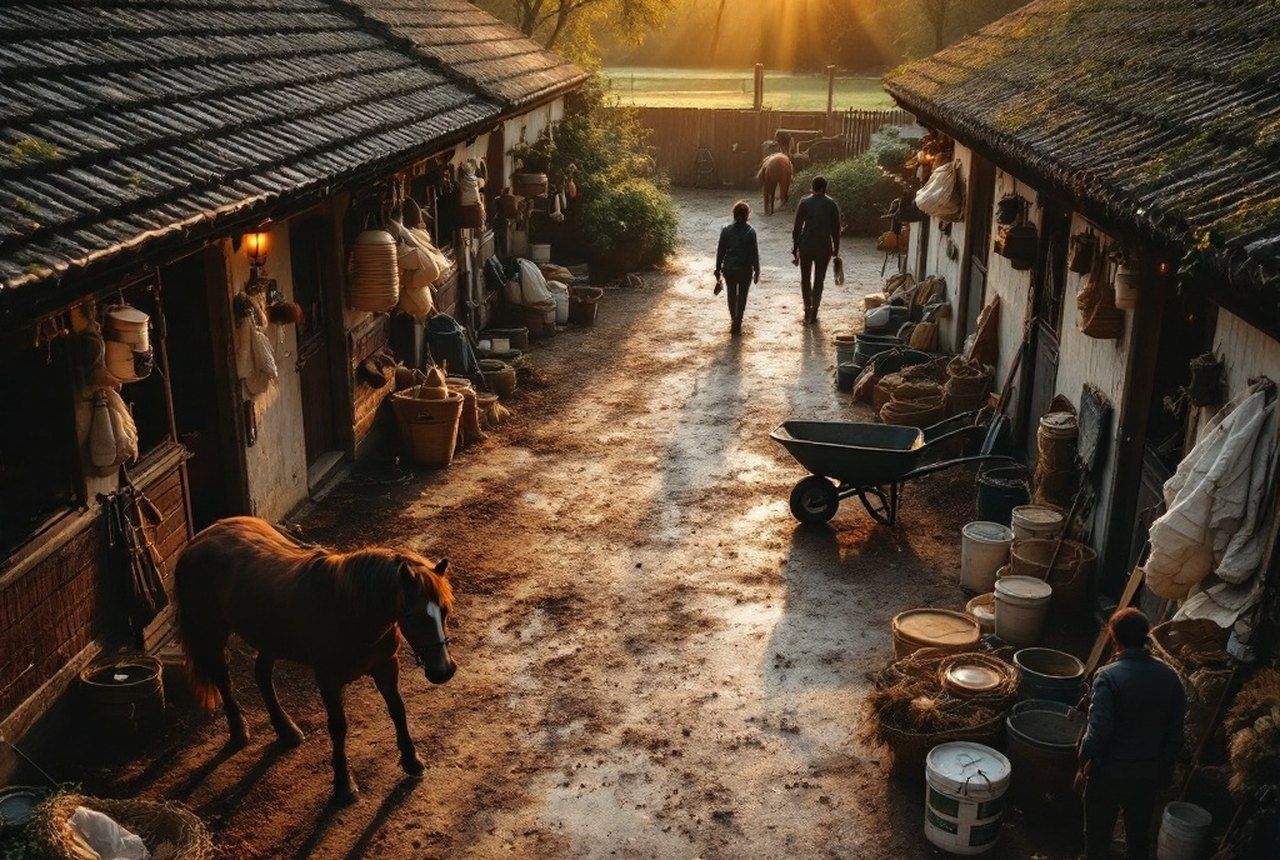 Overhead or wide stable-yard scene at dawn showing buckets, brushes, wheelbarrow