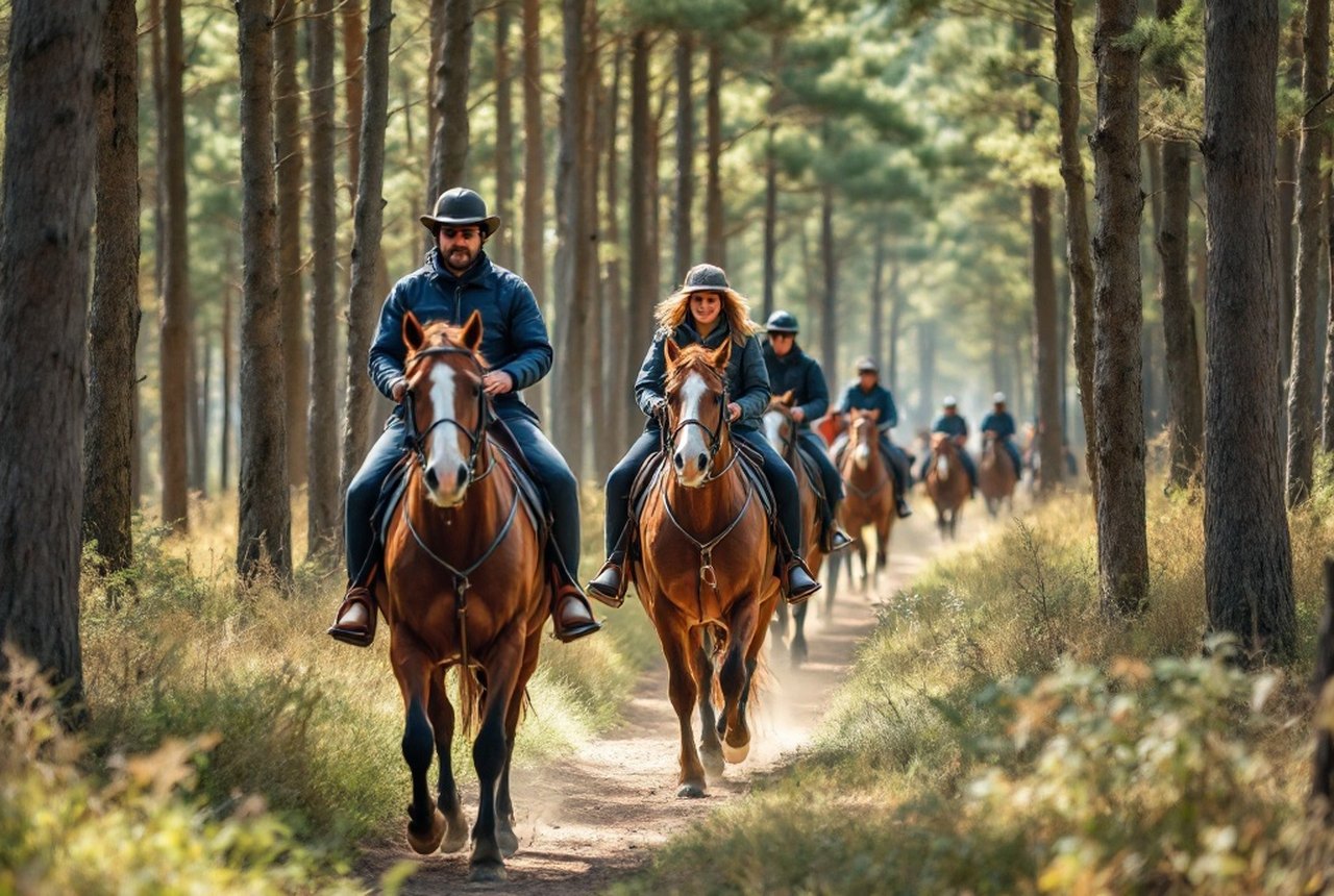 Wide shot of a pine-forest trail ride in the Landes, riders in single file