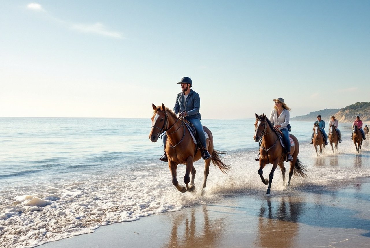 Beach ride on the Côte d'Argent at low tide, Atlantic horizon visible