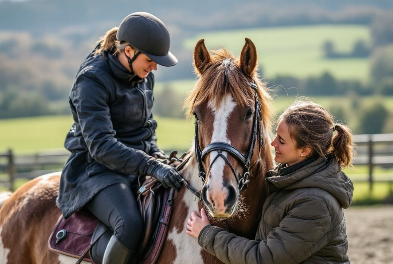 Instructor correcting a young rider's position in an outdoor arena, Dordogne countryside behind