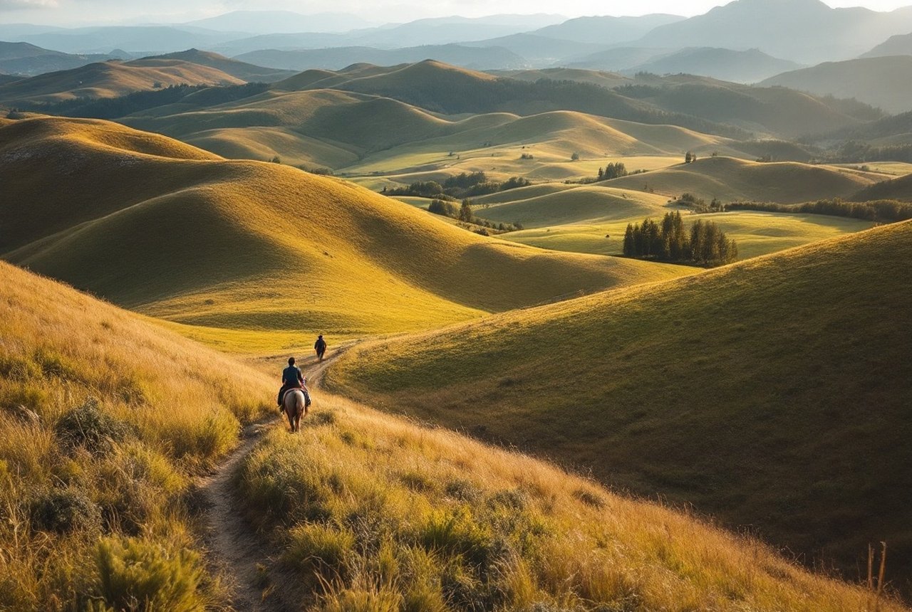 Pyrénéan foothills with a rider in the middle distance