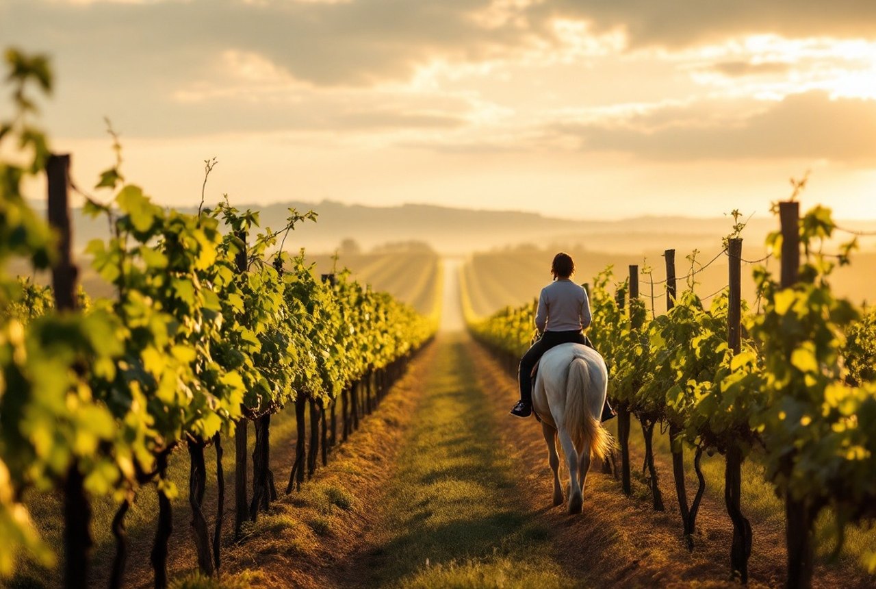 Vine rows in soft evening light with a rider on a pale horse, Bordeaux or Entre-Deux-Mers