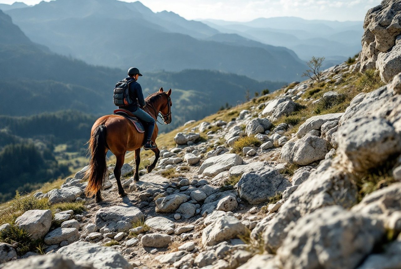 Rocky Cévennes plateau trail with a rider picking through boulders