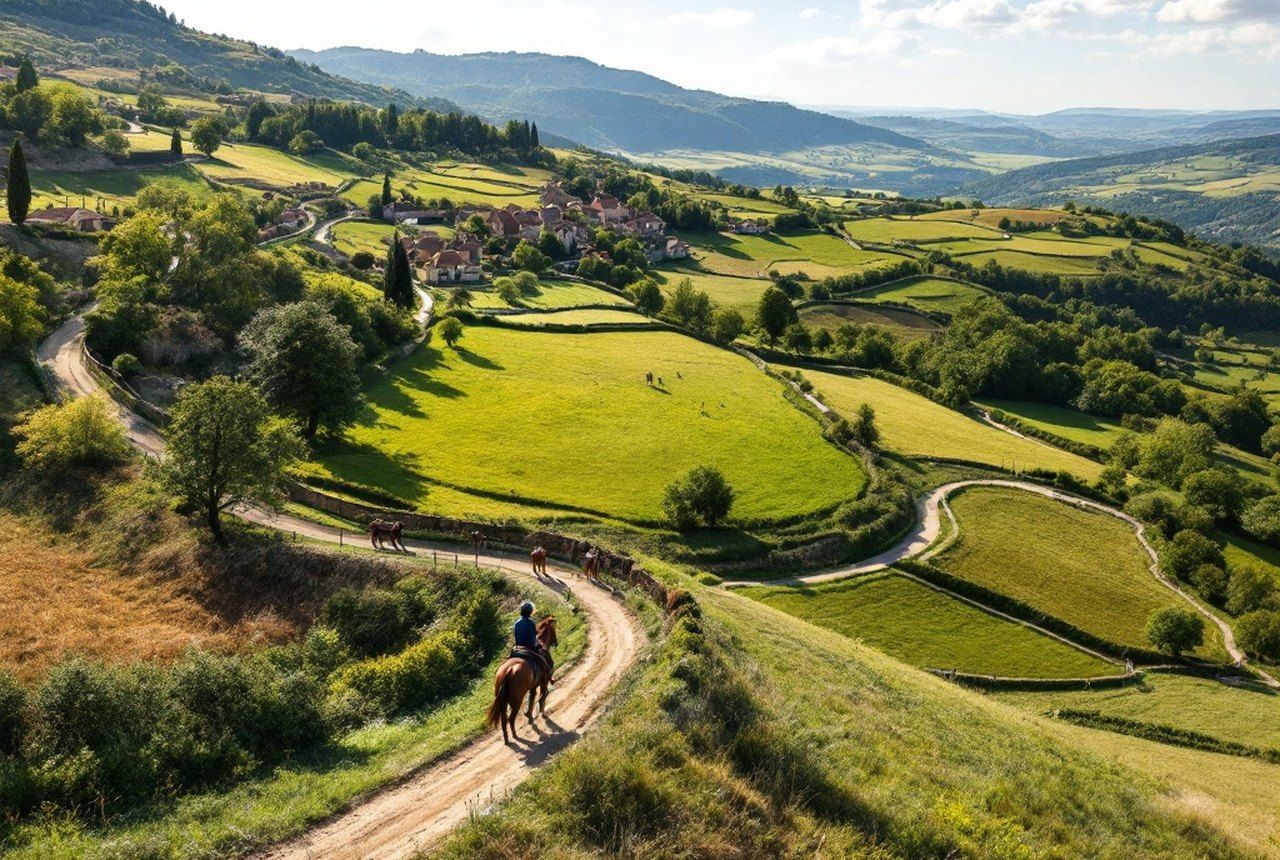 Aerial or hillside view of Cordes-sur-Ciel with meadows below