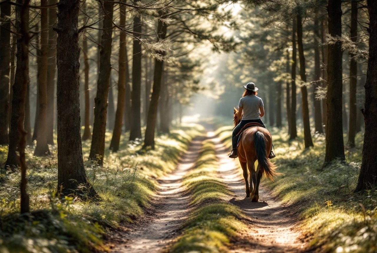 Pine-forest track in the Landes, dappled light, horse and rider at a walk